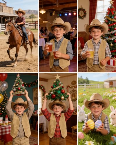 Image of Retro Boys Western Cowboy Vest for Kids Leather Suede Waistcoat | vintage dress vests, welt pockets, v-neck, adjustable waist, formal slim fit, wedding outfit, farm christmas birthday prom