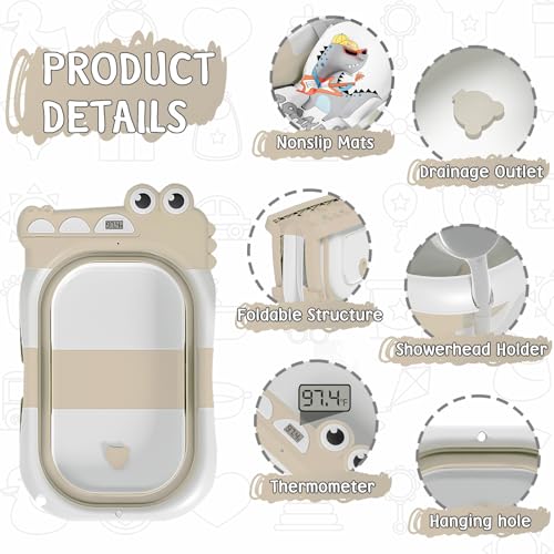 Image of Collapsible Baby Bathtub for Newborn, Foldable Baby Bath Tub with Thermometer & Soft Floating Cushion & Drain Hole, Portable Travel Infant Bath Tubs for Newborns to Toddlers 0-36 Months Boys, Beige