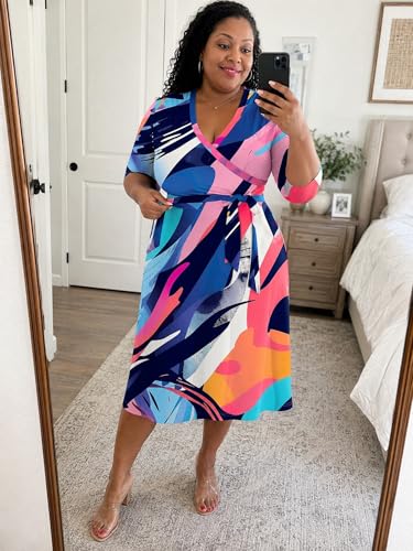 Image of PinkPatty Women's Plus Size Maxi Dress Print 3 /4 Sleeves V Neck Party Sundress Wedding Guest Dresses