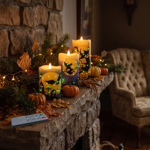 Image of Halloween Flameless Candles, Battery Operated Candles with Remote | Fiber Optic Flameless Pillar Candles Set Of 3 For Halloween Decorations Indoor