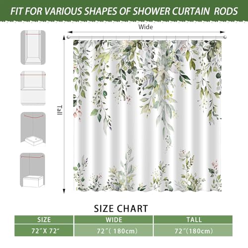 Image of Eucalyptus Shower Curtain, Aesthetic Art Watercolor Plant Leaves with Floral Bathroom Decor, Waterproof Fabric Cloth Bath Curtain Set with Hooks (Green, 72 inch W x 72 inch L)