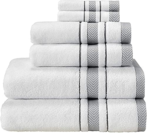 Hestia _6 Piece Luxury White Bath Towels Set, 100% Turkish Cotton, Highly Absorbent, Super Soft & Decorative, Large Towels for Bathroom, (2 Bath & 2 Hand Towels & 2 Washcloths)(White /Grey )