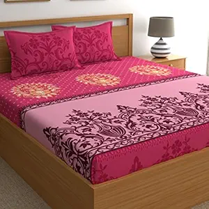 Dreamscape 100% Cotton King Bedsheet with 2 Pillow Covers, 140 TC Cotton Ethnic Dark Pink Bedsheet for King Bed (9ft X 9ft)