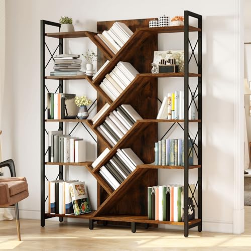 DWVO Industrial Tree Bookshelf, Large 5 Tier Bookcase Tall Standing Book Shelves Organizer Display Rack for Living Room Home Office, Rustic Brown