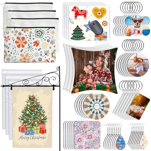 114Pcs Sublimation Blanks Products, Sublimation Blanks Set Including DIY Blank Makeup Bag, Keychain,...