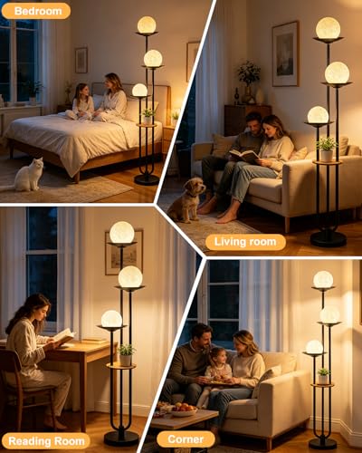 Image of Lightdot Globe Floor Lamp with Shelf 3-Lights Modern Dimmable Floor Lamps for Wedding /Party, 3000K Warm White Bulbs Included, Black Tall Standing Lamp with Grey Shade for Living Room /Bedroom