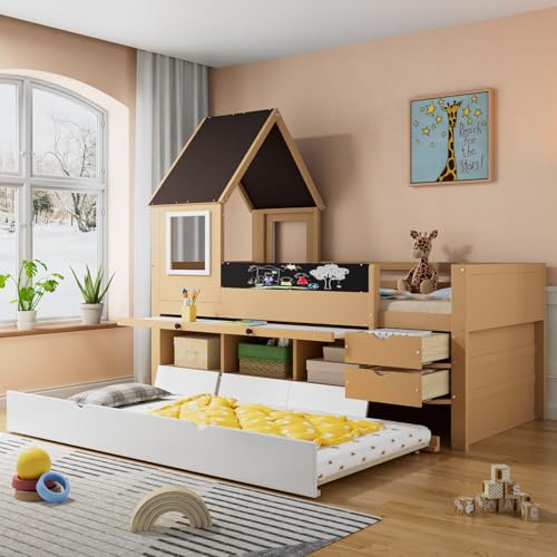 PugSDRLY cama cabaña infantil con barrera graffable, almacenamiento de 2 cajones y 3 armarios, litera Gigogne con gran escritorio, somier de láminas, para niñas, niños, pino, natural