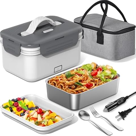 WisaKey Electric Lunch Box Food Heater, 60/80/100W Heated Lunch Box for Adults for Car Truck, 12V/24V/110V/220V Portable Food Warmer Lunch Box, 1.8L Heating Lunchbox for Work with Lunch Tote Cover