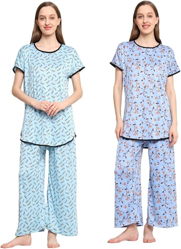 Urban KNAYA Pack of 2 Night Suit Set for Girls & Women Pure Cotton Light Weight Printed Night Dress (Medium, Sea Blue & Sky Blue)