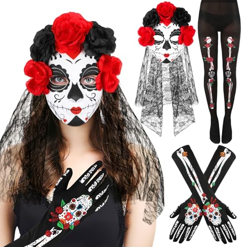 HOWAF Diadema Catrina Mujer Niña, Día De Los Muertos Flores Mexicana Con Máscara, Mallas Guantes Esqueleto Para Disfraz Halloween