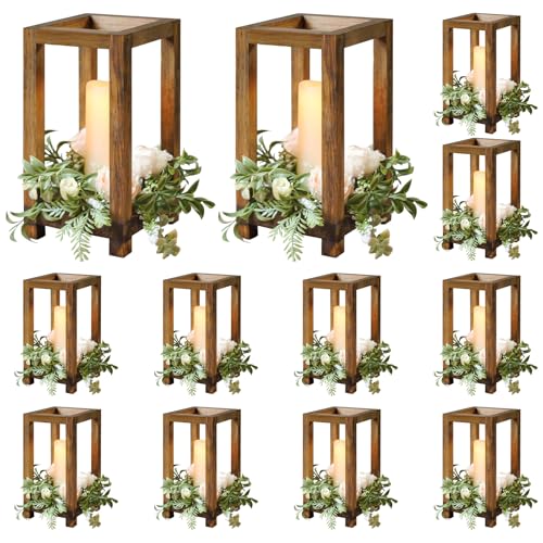 12PCS Wooden Lanterns Wedding Centerpieces Farmhouse Table Decor Indoor Wood Lantern Candle Holders for Wedding Engagement Bridal Shower Rehearsal Dinner Christmas Party(Brown)