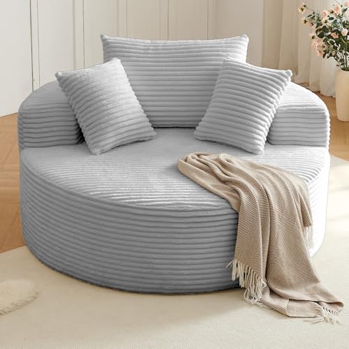 Oversized Round Chair Lounge Chaise Indoor, Upholstered Corduroy Deep Seat Cloud Large Circle Sofa Chair, No Assembly Required, Fluffy Modern Sleeper Sofa Bed for Reading, Living Room, Light Gray