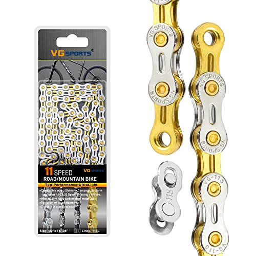 VG SPORTS Cadenas de bicicleta de 6/7/8/9/10/11 velocidades, cadenas de bicicleta ligeras medio huecas para bicicleta de carretera/MTB/BMX, plata/oro/titanio/arco iris con eslabón perdido Cover