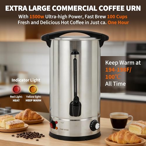 Image of 14 L /100 Cups Coffee Urn, Commerical Coffee Maker Hot Water Urn, Large Percolator Pot Dispenser With Double-Wall Stainless Steel, Quick Brew, Stays Hot for Tea & Beverage at Events & Catering(Silver)