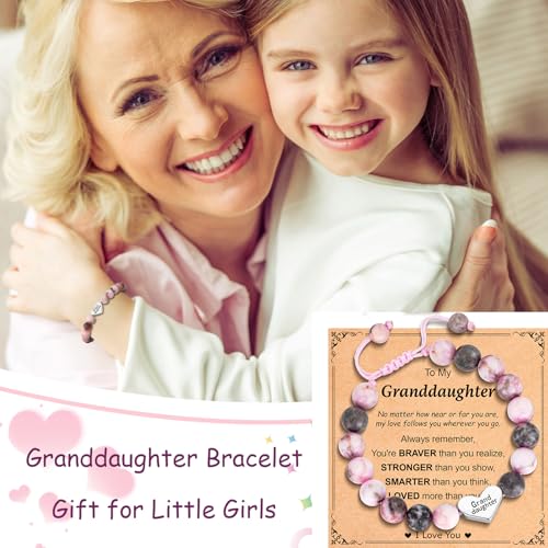 Image of Granddaughter Daughter Gifts -Heart Natural Stone Beaded Bracelet for Girls, Valentines Birthday Gifts for Girls Daughter Granddaughter