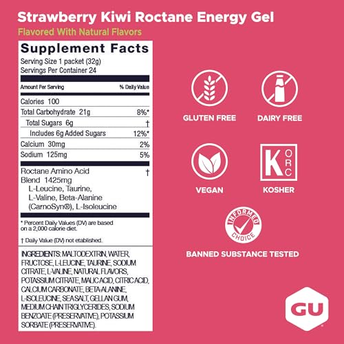 Image of GU Energy Roctane Ultra Endurance Energy Gel, Vegan, Gluten-Free, Kosher, and Dairy-Free On-The-Go Sports Nutrition for Running, Biking, Hiking or Skiing, Strawberry Kiwi (24 Packets)