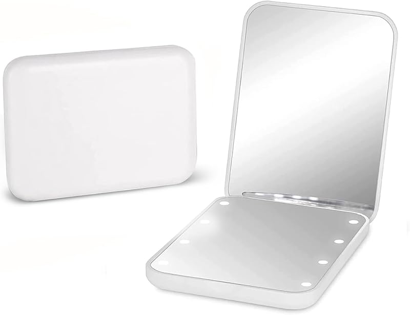 Espejo de bolsillo Kintion, espejo compacto LED con aumento 1X/3X (blanco) | Espejo de viaje con luz para bolso, 2 caras, portátil, plegable, de mano, pequeño espejo iluminado para regalo