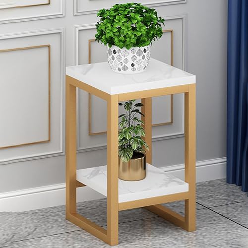Yuezouikl Soporte De Metal para Plantas De Interior, Columna Decorativa Cuadrada 2 Niveles De Altura Estante Decorativo Plantas para Esquina Estante Multifuncional para Plantas,Gold White,50X30CM