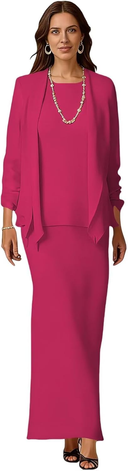 Chiffon Mother of The Bride Dresses Long Sleeve Formal Wedding Guest Dress for Women with Jacket