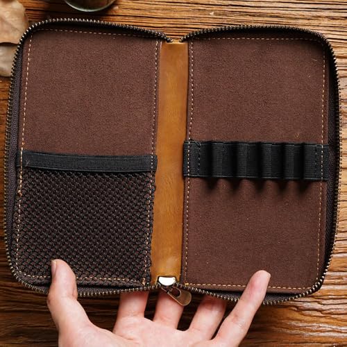 Image of Genuine Leather 5-Slot Pencil Case, Portable Travel Pen Organizer | Versatile organizer for art supplies, office essentials, makeup brushes, suitable for men, women, students, artists.brown