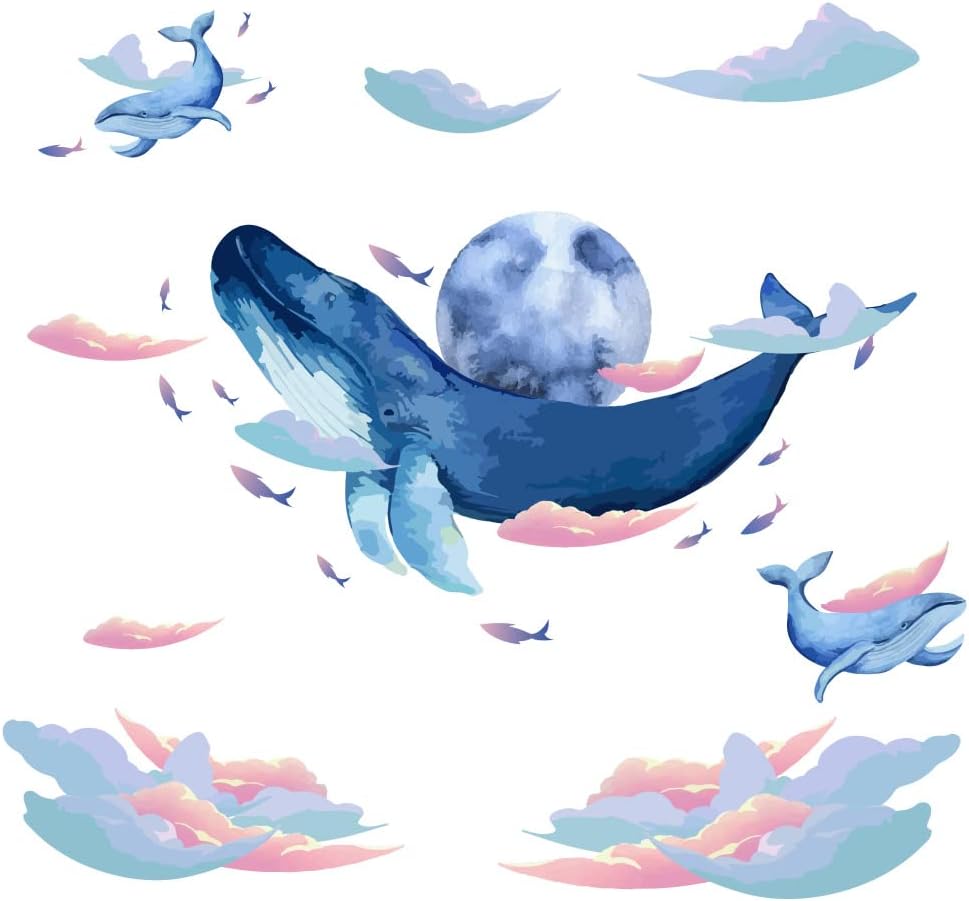 SUPERDANT Large Whale Wall Decals Colorful Whale in the Sky Clouds Wall Sticker DIY Peel and Stick Removable Murals Stickers for Kids Bedroom Nursery Living Room Decoration
