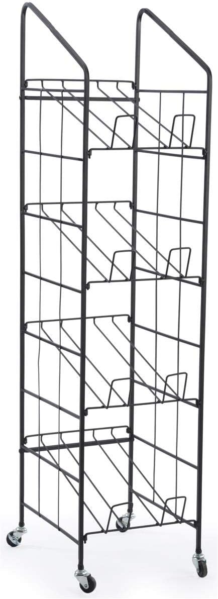 Displays2go Portable Newspaper and Magazine Rack, 4 Angled Shelves, Locking Caster Wheels (Black Steel)