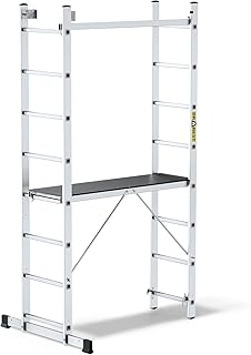 DRABEST - Leitergerüst - 3in1 Mehrzweckleiter - Trittleiter, Schiebeleiter, Baugerüst - Aluminium - 2,14 m lang - Arbeitshöhe 2,97 m - 2 x 8 Sprossen - 46x214x14 cm Arbeitsplattform - bis 150 kg