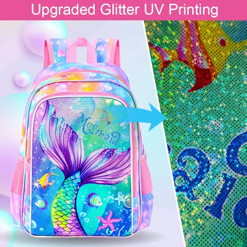 Image of 3Pcs Mermaid Backpack for Girls, 16 inch Kids Bookbag with Lunch Box,School Backpacks for Elementary Preschool Kindergarten (Pink)
