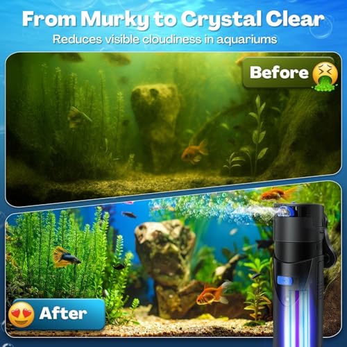 Image of Flexzion Aquarium Filter U-V, 200 Gallon Fish Tank Filter with U-V Light for Green Control Cleaning, 200GPH Submersible Aquarium Pump for Turtle Tank, Freshwater Crystal Clear & Saltwater