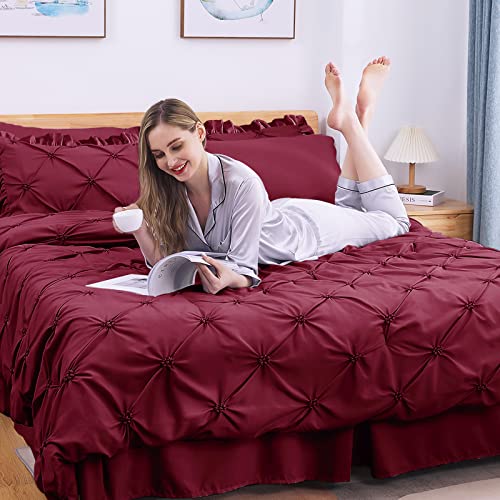 JOLLYVOGUE Dark Red Full Size Comforter Sets 7 Pieces, Pintuck Bed in a Bag Comforter Set for Bedroom, Bedding Comforter Sets with Comforter, Sheets,Ruffled Shams & Pillowcases