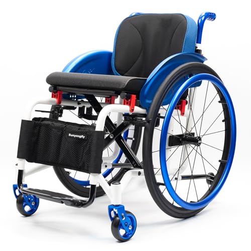 Sunyongfly スポーツ大人用車椅子、アルミ製、軽量折りたたみ式、屋内外使用可能、24インチ後輪付き(Seat width: 40cm,Blue)