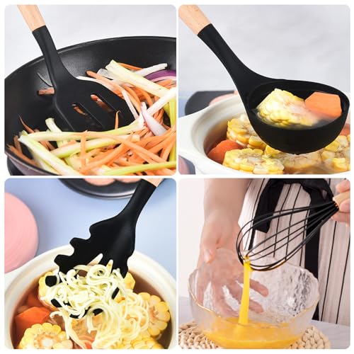 Küchenutensilien Set - 22 Stücke Silikon Küchenhelfer - Küchen Hitzebeständiger Kochbesteck Set - Pfannenwender Set - mit Utensilienhalter und 10 S Haken (Schwarz)