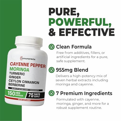 Image of Cayenne Pepper Moringa Turmeric Ginger Capsules, 150 Pills, Gut Health Supplement w /Extra Strength, Non-GMO & Gluten Free, Pure Berberine HCL and Ceylon Cinnamon Extract Powder