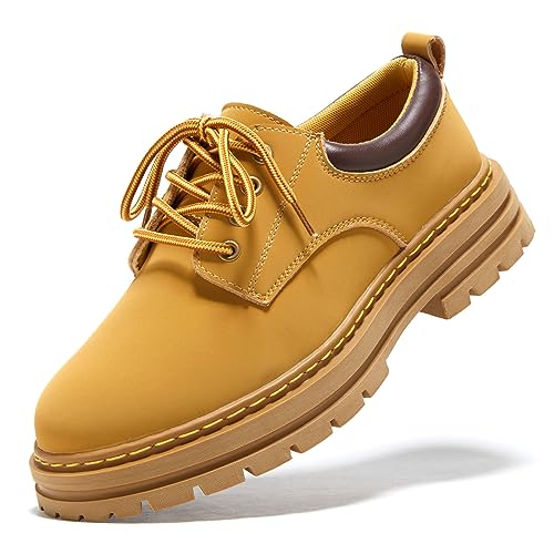 Mens Soft Toe Work Shoes Oxford Leather Stylish Dress Non Slip Resistant Comfortable Casual Wolking Shoes for Men Yellow