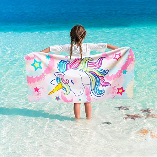 Image of WERNNSAI Tie Dyed Unicorn Kids Beach Towel - 30” x 60” Rainbow Camping Towels for Girls Quick Dry Ultra Absorbent Sand Free Beach Blanket Pool Travel Swimming Bath Shower Towel