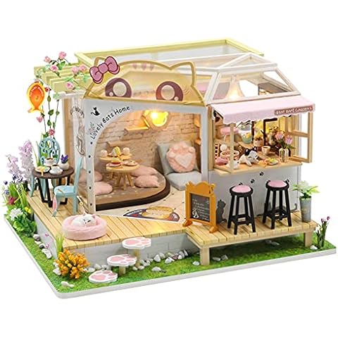 erhumama DIY Dollhouse Miniature Cat Coffee Shop 3D Model Kits Wooden Dolls House Furniture Lights Accessories Birthday Xmas Gift For Boys Girls (Cafe) Cover