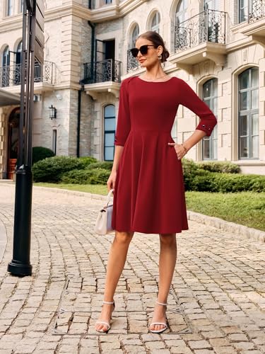 Image of GRACE KARIN Work Dresses for Women 2025 3 /4 Sleeve Fit and Flare Business Midi Dress Classy Office Dresses with Pockets
