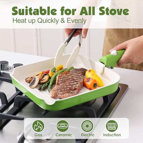 Image of SENSARTE 17 Piece Ceramic Pots and Pans Set, Nonstick Detachable Handle Cookware, Induction Kitchen Cookware Set with Removable Handle, Dishwasher & Oven Safe (Green)