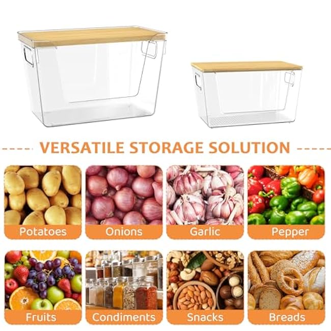 2 Set Pantry Organizer Storage, Stackable Kitchen Storage Bins with Lid & Handle, Clear Plastic Containers for Potato, Onion, Garlic, Fruit, Vegetable, Produce