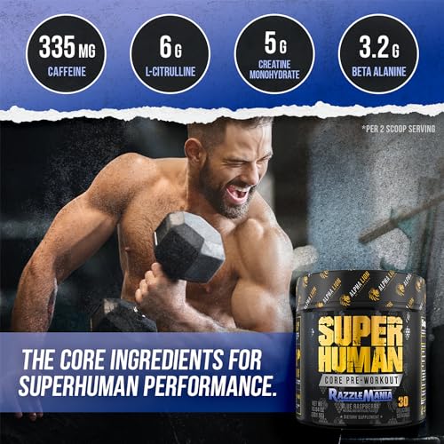Image of ALPHA LION Core Pre Workout w /Creatine for Performance, Beta Alanine for Muscle, Powder, L-Citrulline for Pump & Tri-Source Caffeine for Sustained Energy (30 Servings, Blue Raspberry Flavor)