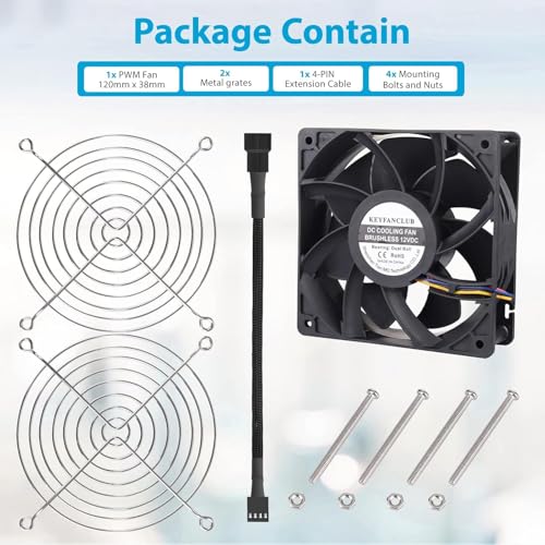 High CFM Computer Fan, KEYFANCLUB 12V 4-PIN PWM Register Booster Fan 120mm x 38mm for Mining Machine RV Fridge Server Cabinets CPU GPU Cooling