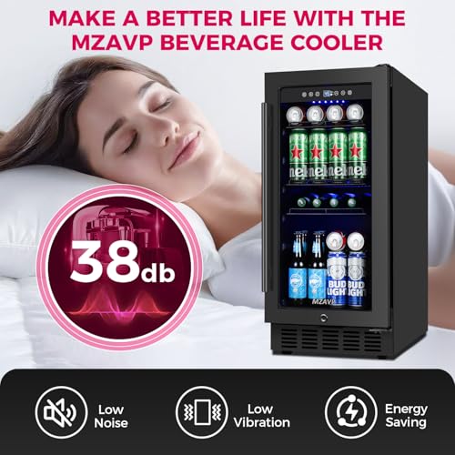 Image of 15 Inch Beverage Cooler Refrigerator, 15 inch Beverage Cooler Under Counter 130 Cans Beverage Fridge with Glass Door, Freestanding or Built-In Mini Drinks Fridge with Lock for Soda, Beer, Black
