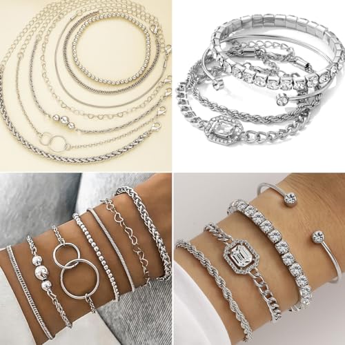 116 Pcs Silver Jewelry Set with 7Pcs Layered Necklace, 11 Pcs Bracelet and 22pcs Hoop Earrings ,22pcs Knuckle Rings,54pcs stud earrings Jewerly set For Women Valentine Anniversary Birthday Friendship Gift4