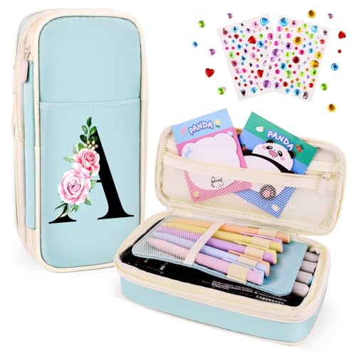 Image of Preppy Pencil Case for Girls, Cute Large Pencil Pouch, Personalized Initial Pencil Bag with Zipper for School College Office Supplies, Back to School Supplies Gifts for Teen Girls (A, Blue)