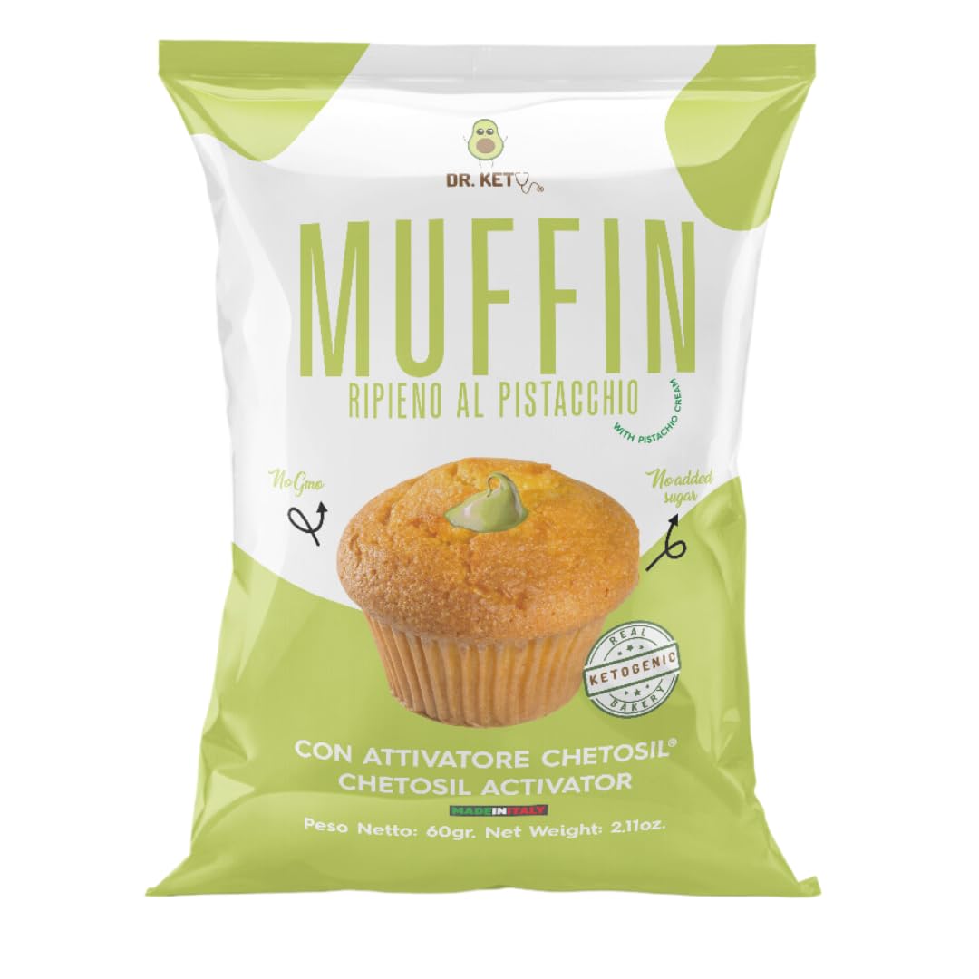 DR.KETO MUFFIN AL PISTACCHIO RIPIENO DI CREMA AL PISTACCHIO - Muffin Chetogenico Con attivatore Chetosil™ a base di Olio MCT (Box da 10 pezzi da 60g)