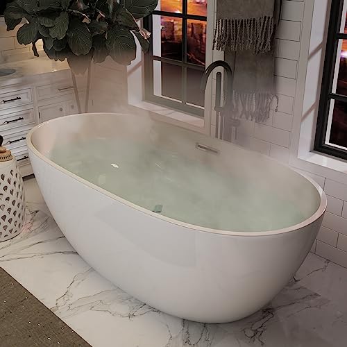 ARRISEA 67''x32'' White Bathtub Freestanding Adults, Acrylic Deep Soaking Tub with Brushed Nickel Overflow & Drain & Pillow,No Slip Floor Mount Free Stand Alone Bathroom Adult Tubs