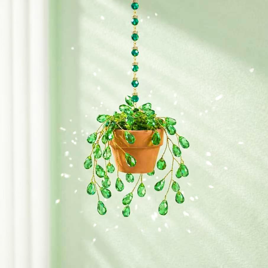 Sun Catchers Indoor Window Beaded Plant Kit Gifts for Plant Lovers Beaded Succulent Plants Green Waterdrop Beads Suncatchers for Windows Hanging with Chain Home Garden Dcor Car Hanging Ornament