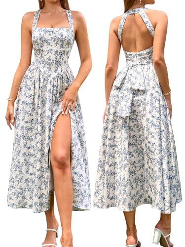 EYNMIN Floral Midi Dress Halter Neck Flowy A Line Split