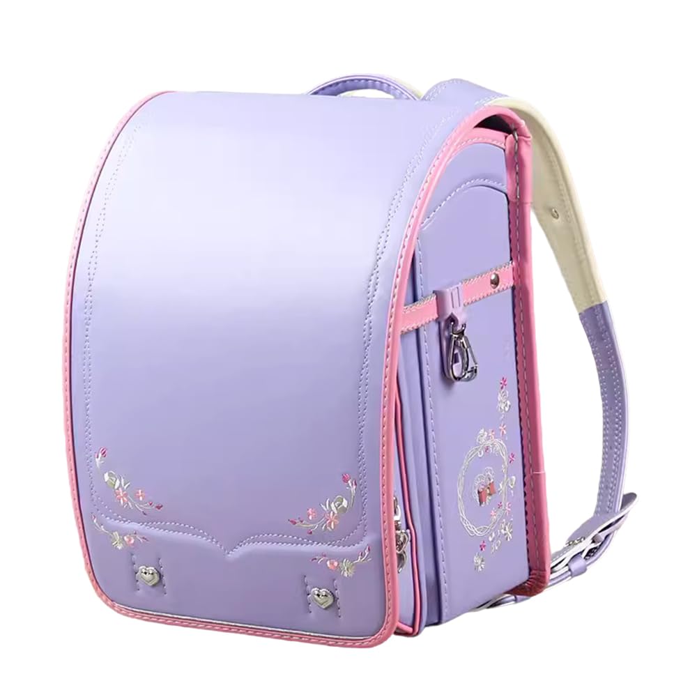 Schulranzen mit Kranzstickerei, Rucksack mit automatischem Schloss, Schulranzen, PU-Büchertasche für (lila, 36 x 27 x 23 cm)
