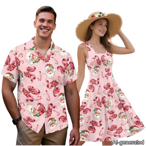 Image of Dreaweet Summer Dresses for Women A-Line Sleeveless Flowy Sun Dresses,Men's Casual Button-Down Shirts,Couple Matching Outfits